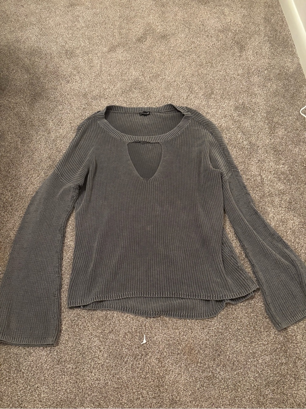 Express Gray Ribbed Keyhole Crewneck Sweater